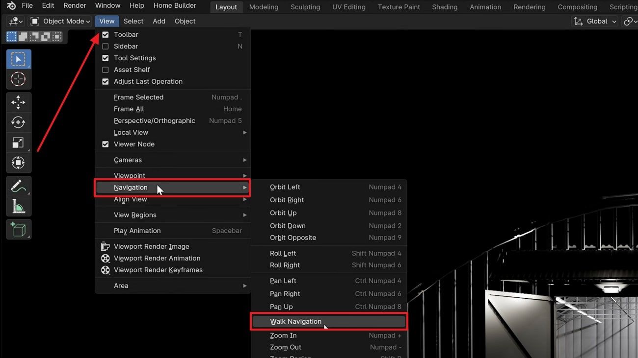 choose walk navigation on blender