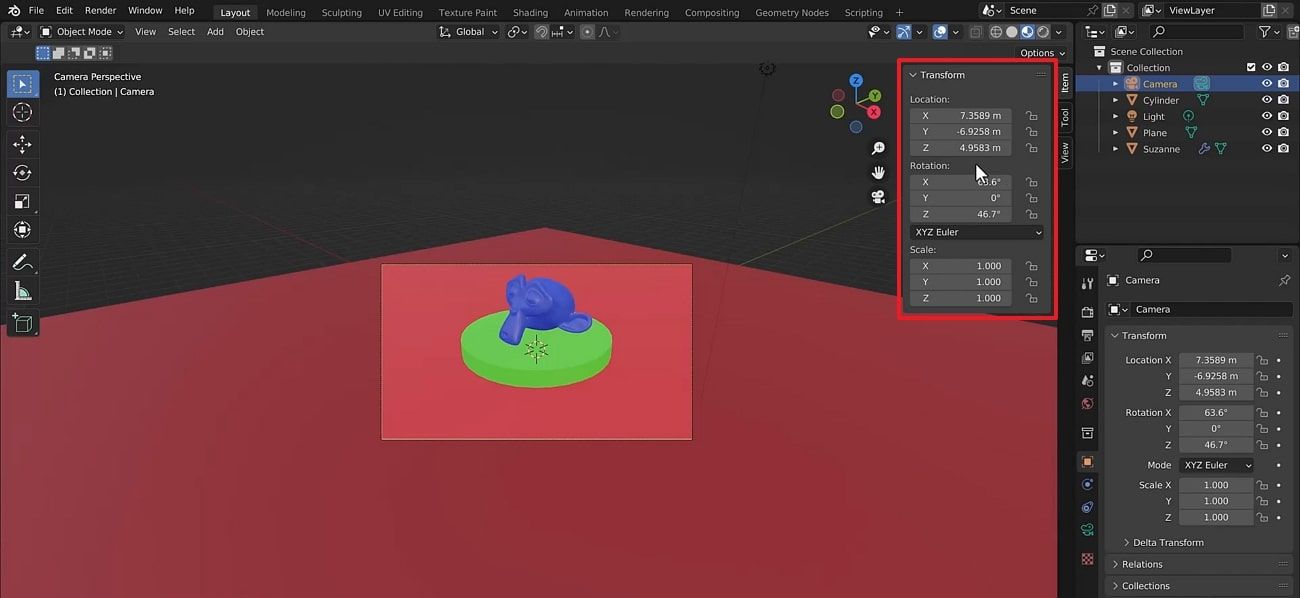adjust blender camera transform