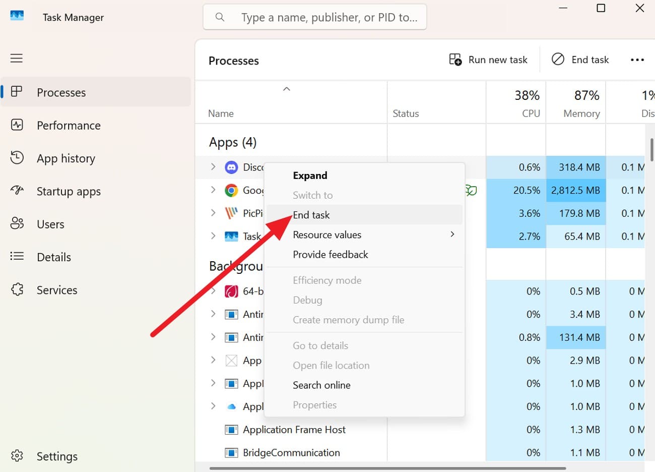 choose end task option