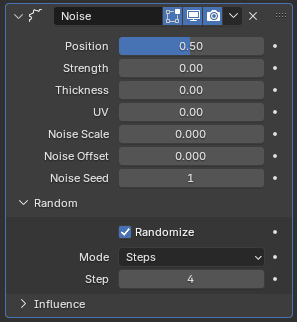 Blender Grease Pencil Noise modifier settings for changing stroke position, strength, and thickness