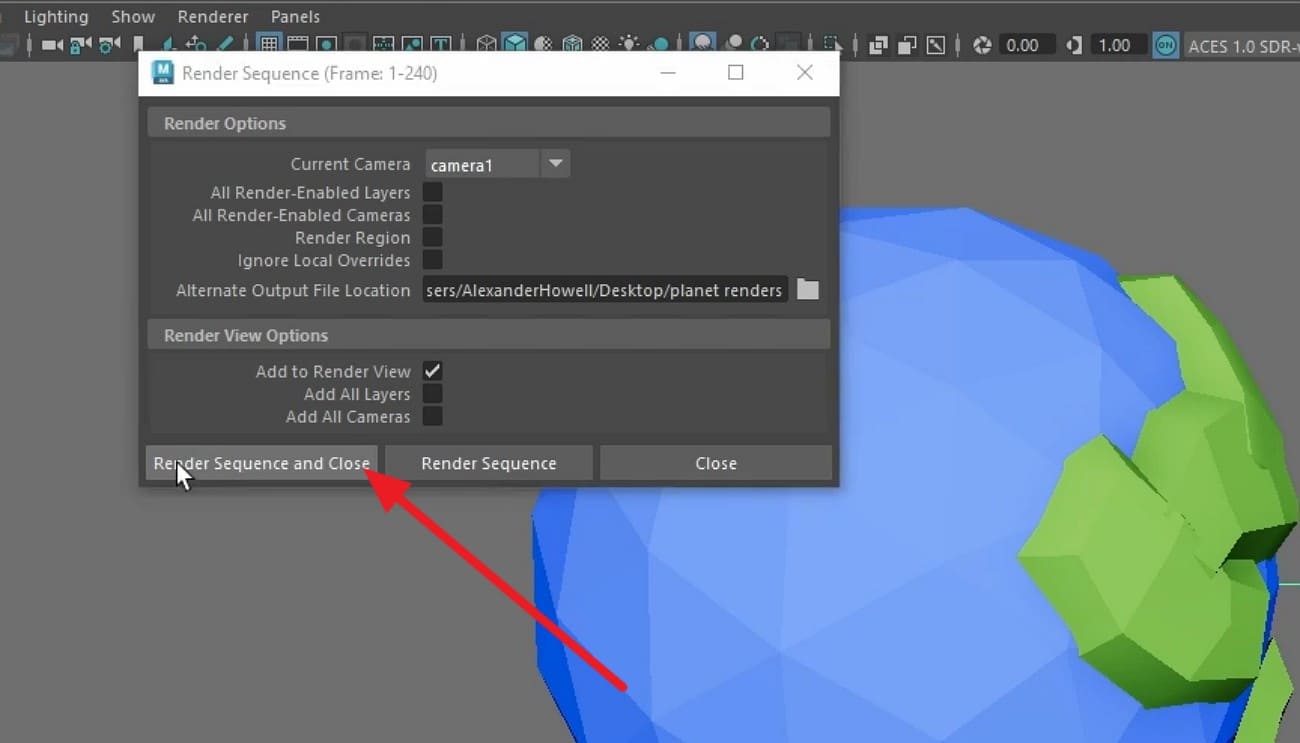 tap on render sequence and close