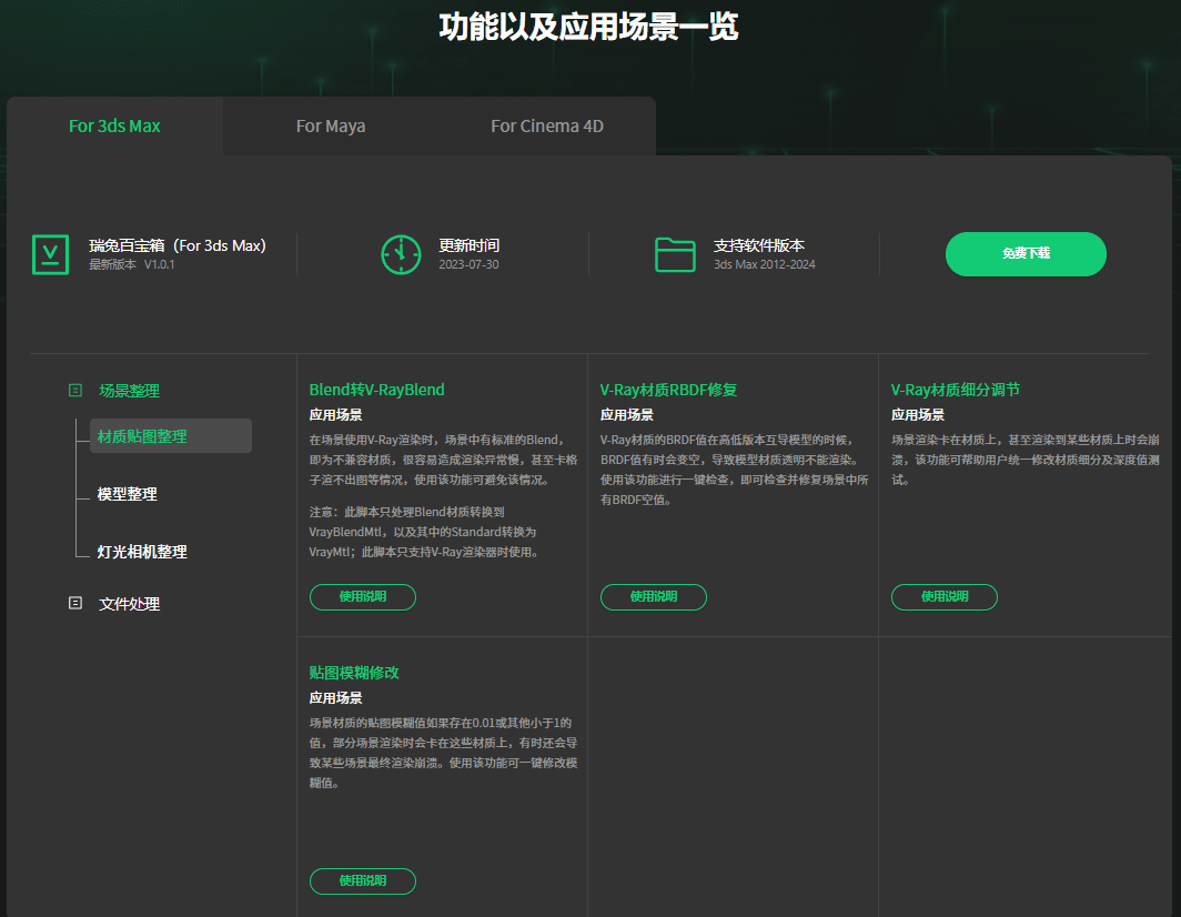瑞兔百宝箱核心功能：覆盖 “材质 - 模型 - 灯光 - 文件” 全环节