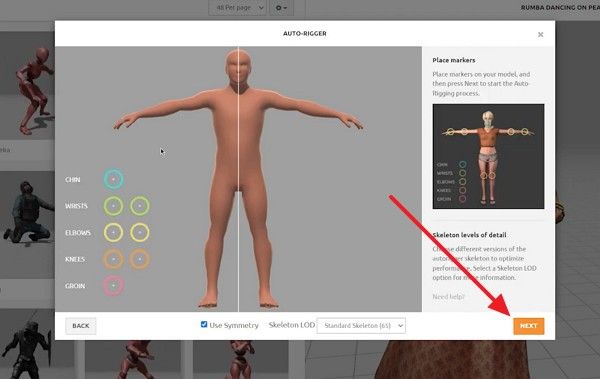 press the next button in mixamo