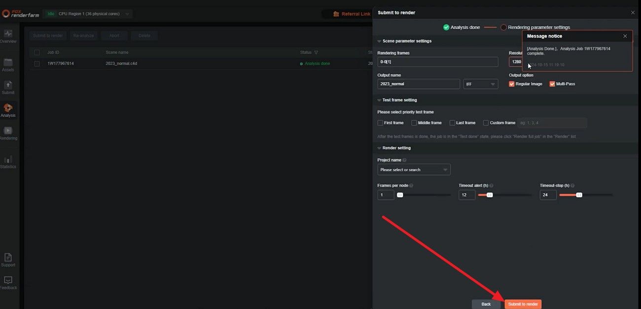 choose submit to render option