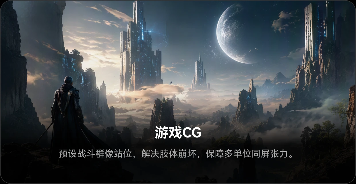游戏 CG:预设战斗群像站位,解决肢体崩坏,保障多单位同屏张力。