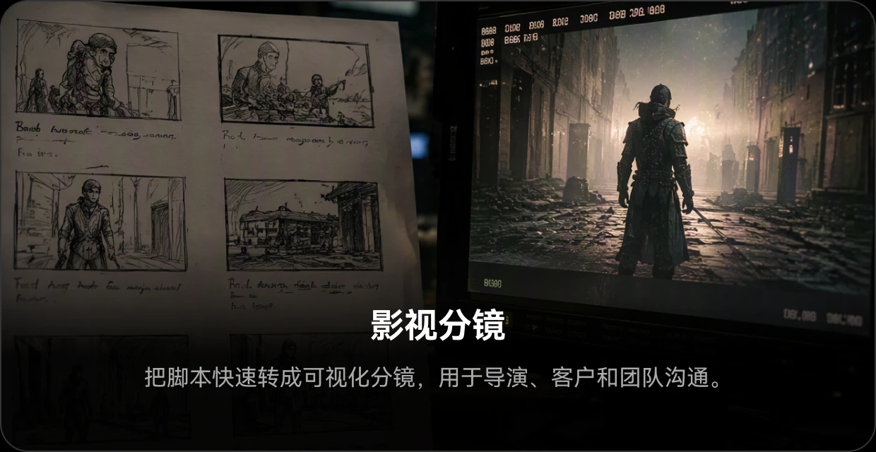 影视分镜:把脚本快速转成可视化分镜,用于导演、客户和团队沟通。