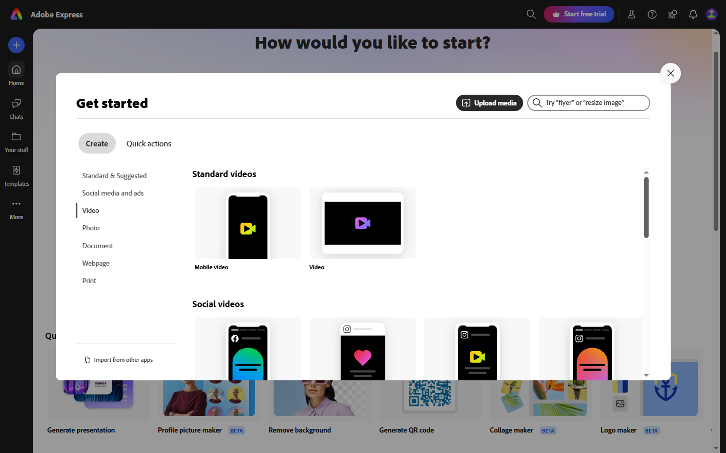 Adobe Express Firefly AI video generator interface for producing an ad clip