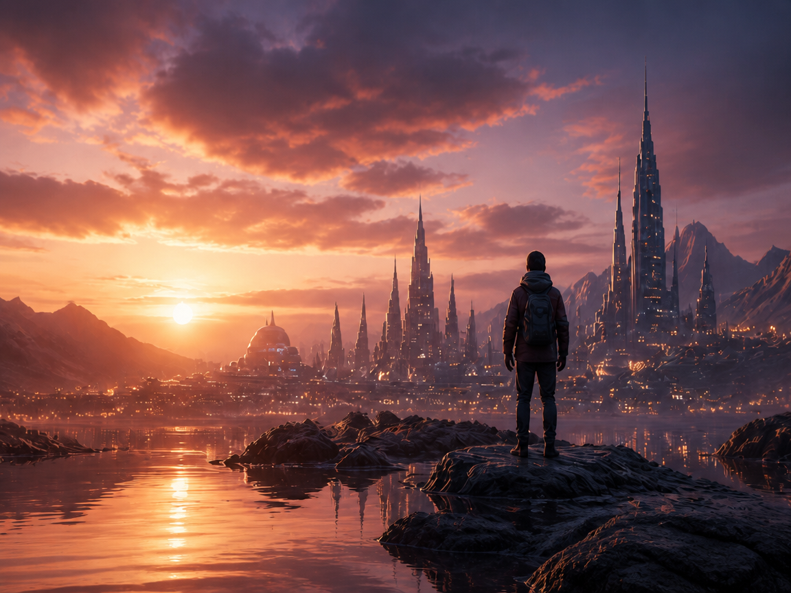 Creator overlooking a futuristic city generated with AI video tools