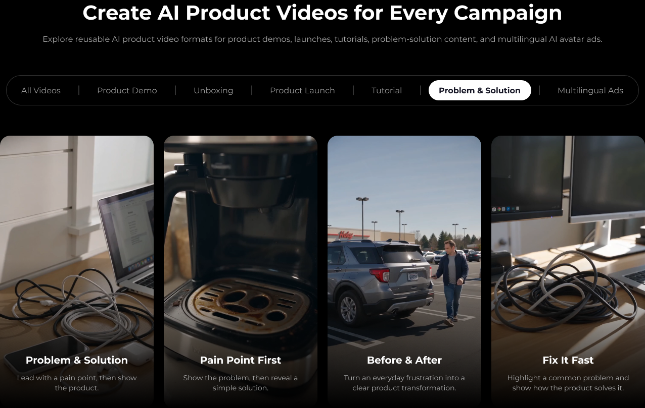 Problem and solution AI product video template cards