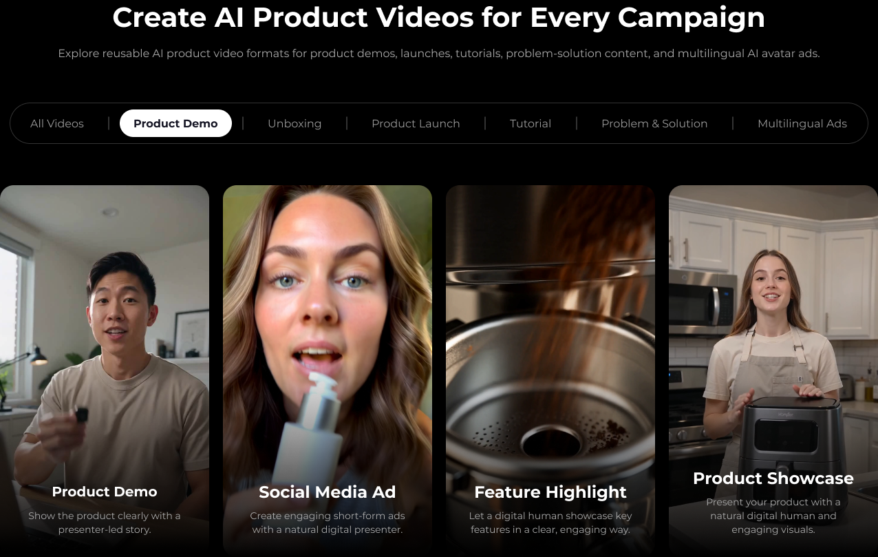 Product demo AI video template cards