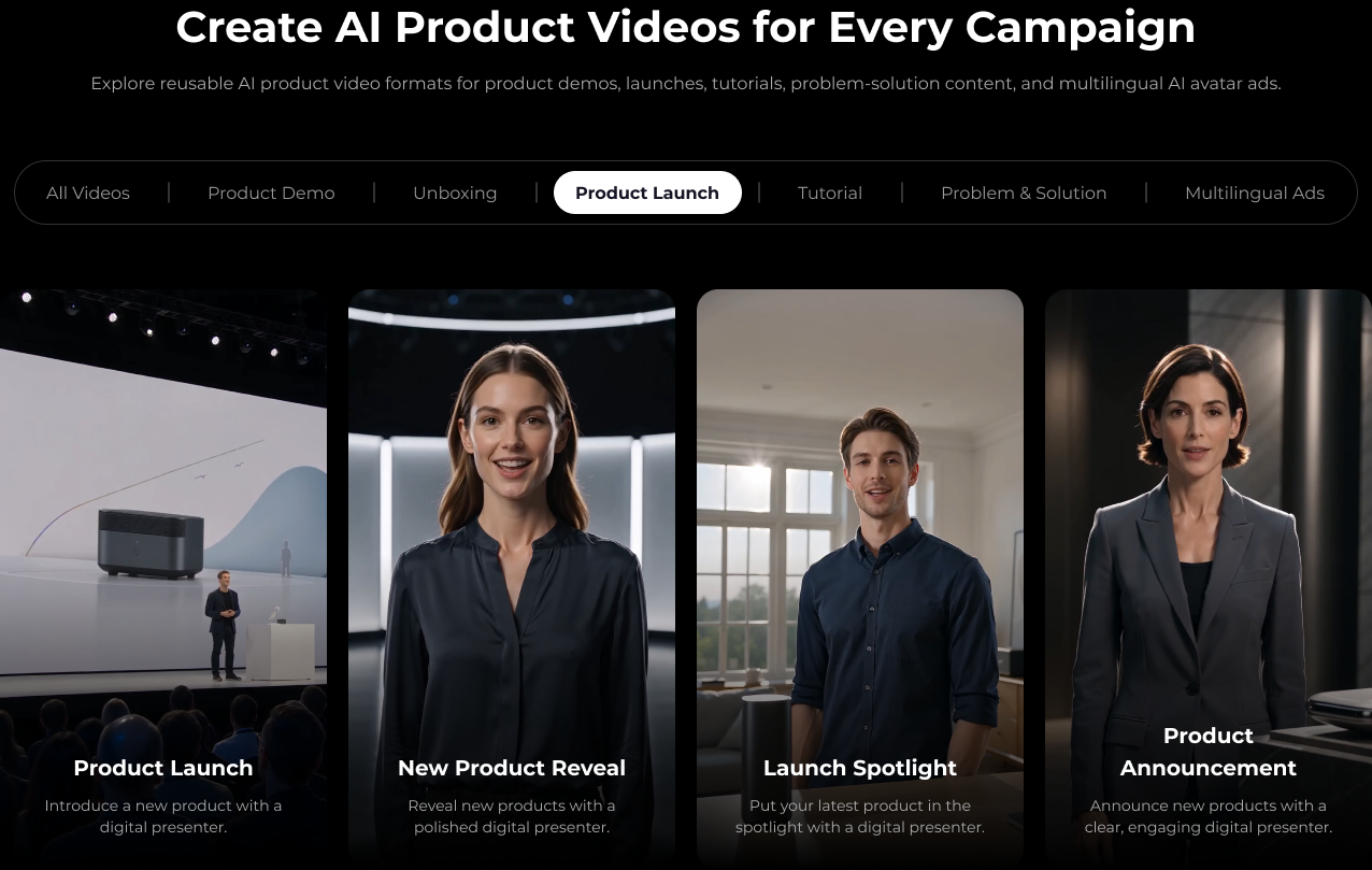 Product launch AI video template cards