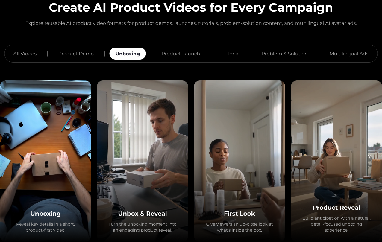 Unboxing AI product video template cards