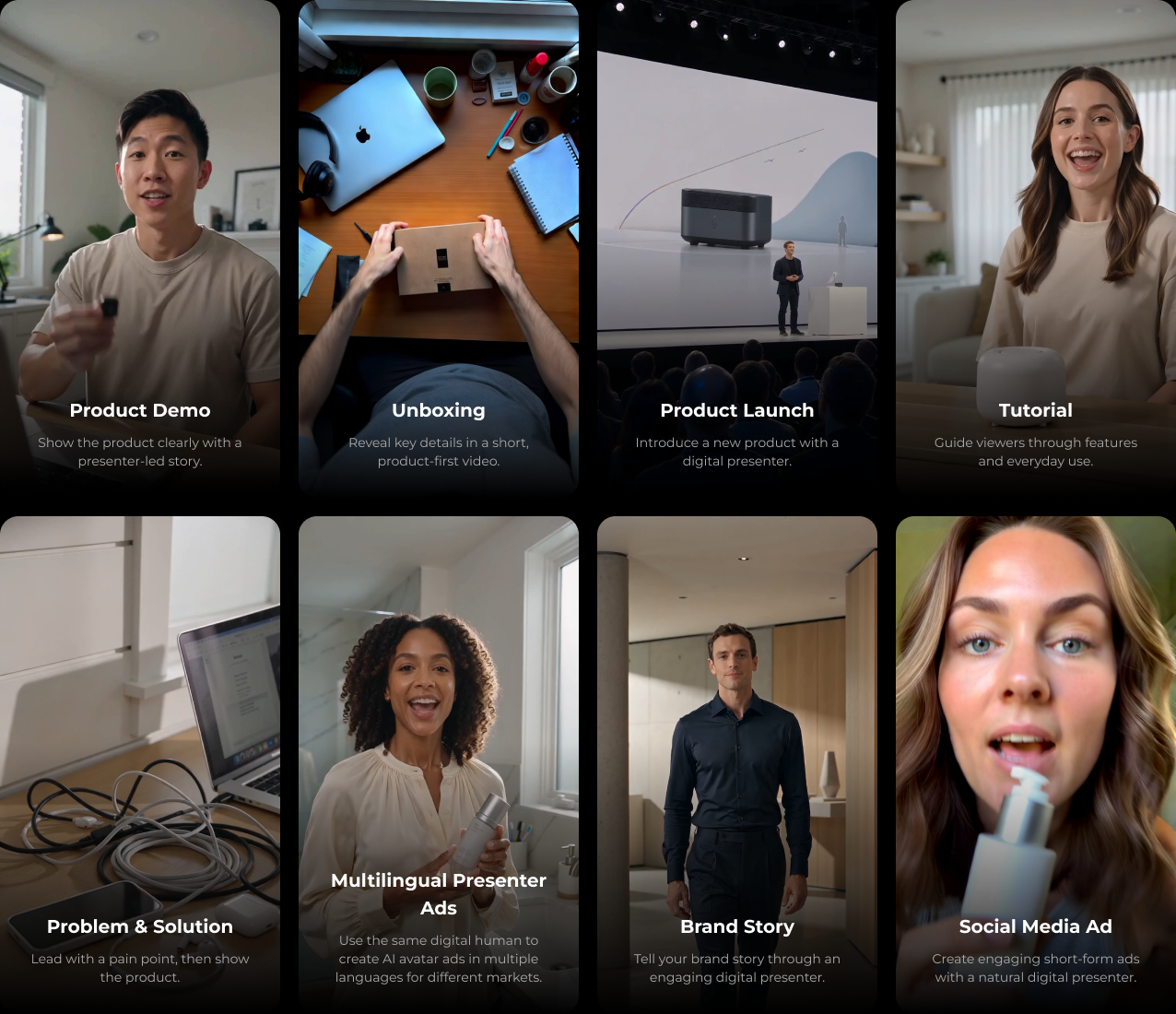 Eight AI product video template cards including Product Demo, Unboxing, Product Launch, Tutorial, Problem and Solution, Multilingual Presenter Ads, Brand Story, and Social Media Ad