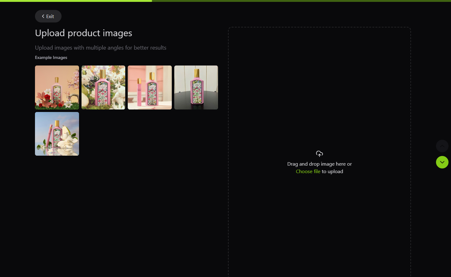 图片展示的是Flair.ai平台的“Upload product images”界面。界面上方提示上传多角度产品图片以获得更好效果。左侧有四个示例图片,展示了不同角度的化妆品瓶装产品。右侧有一个绿色按钮,标注“Drag and drop image here or Choose file to upload”,用于拖拽或选择文件上传。该图片与文档中对Flair.ai平台的介绍相关,直观呈现了其产品图片上传功能的操作界面。
