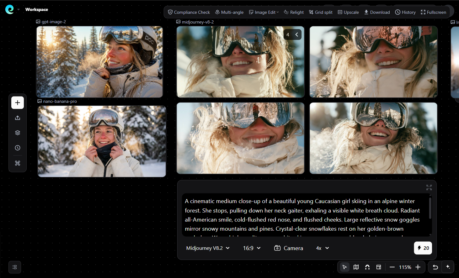 Pixmax workspace comparing AI-generated skier portraits from multiple image models