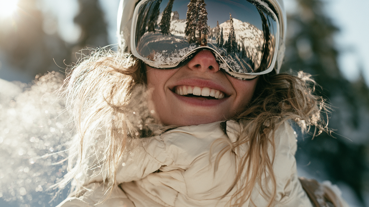 Midjourney V8.2 skier portrait with windblown hair and mountain reflections in goggles