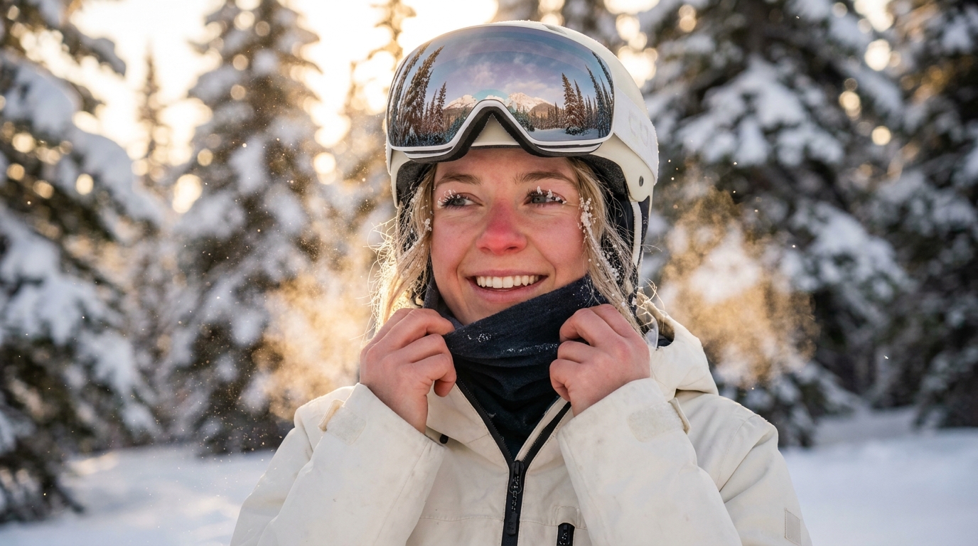 Nano Banana Pro skier portrait with snowy eyelashes, winter forest, and reflective goggles
