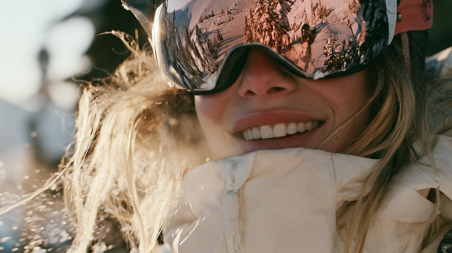 Close-up AI-generated skier portrait with reflective goggles in golden winter light