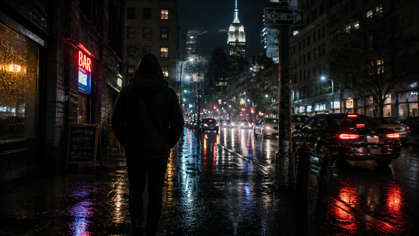 Kling 3.0 AI video test of a person walking on a rainy city street at night
