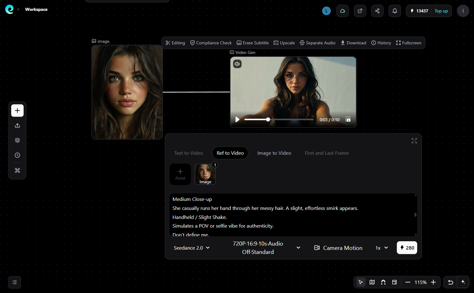Pixmax image-to-video workflow animating a female portrait with Seedance 2.0