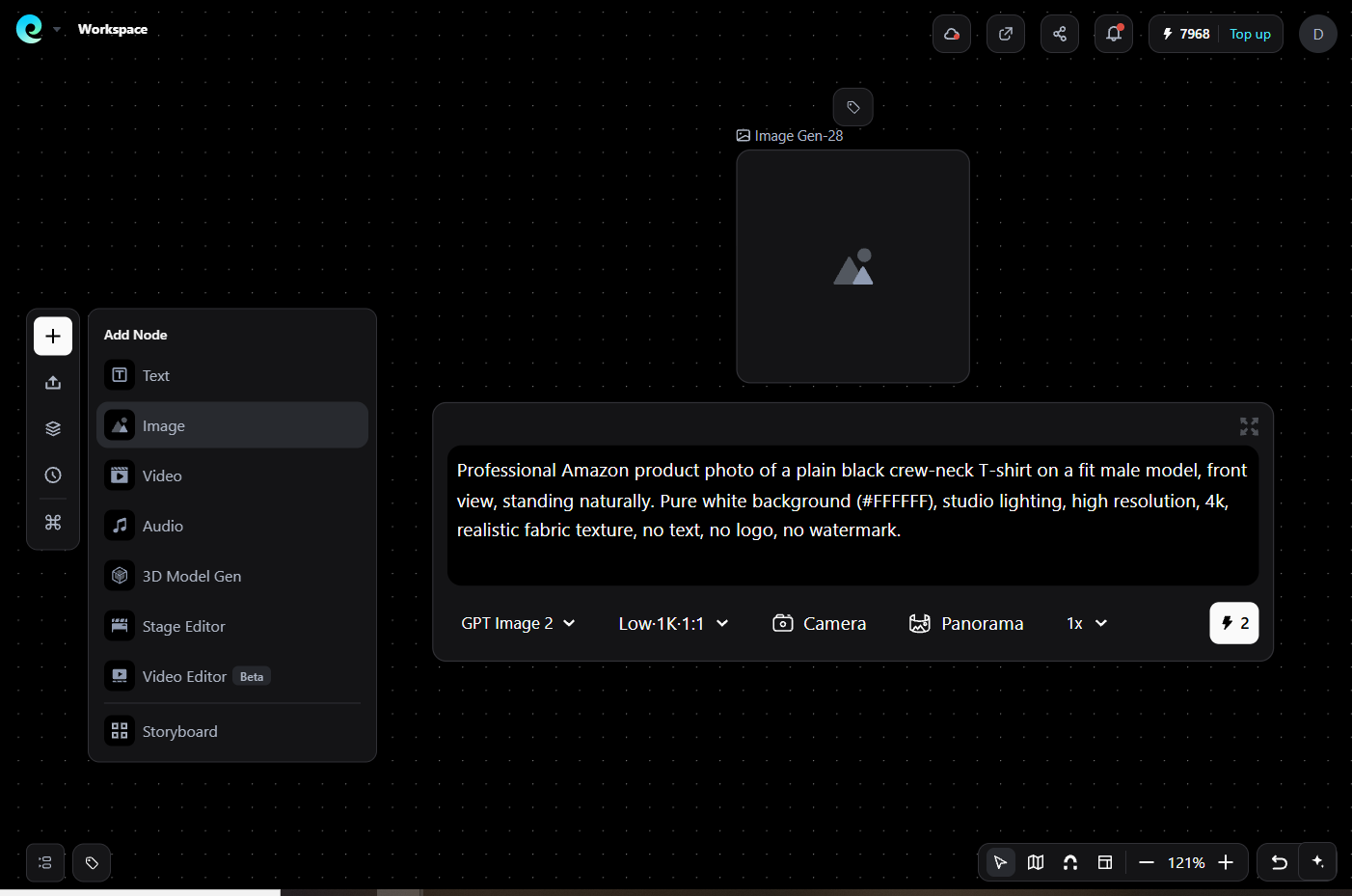 图片展示的是Pixmax平台界面,左侧有“Add Node”下拉菜单,可添加Text、Image、Video等元素。右侧是Image Gen - 2B节点,显示“Professional Amazon product photo of a plain black crew - neck T - shirt...”的生成指令,包括GPT Image 2.0模型、Low - 1K 1:1比例、Camera、Panorama等参数设置,以及121%的进度显示。该图片与文档中介绍Pixmax平台在TikTok视频广告创作中角色的内容相关,直观呈现了平台的使用界面及功能。