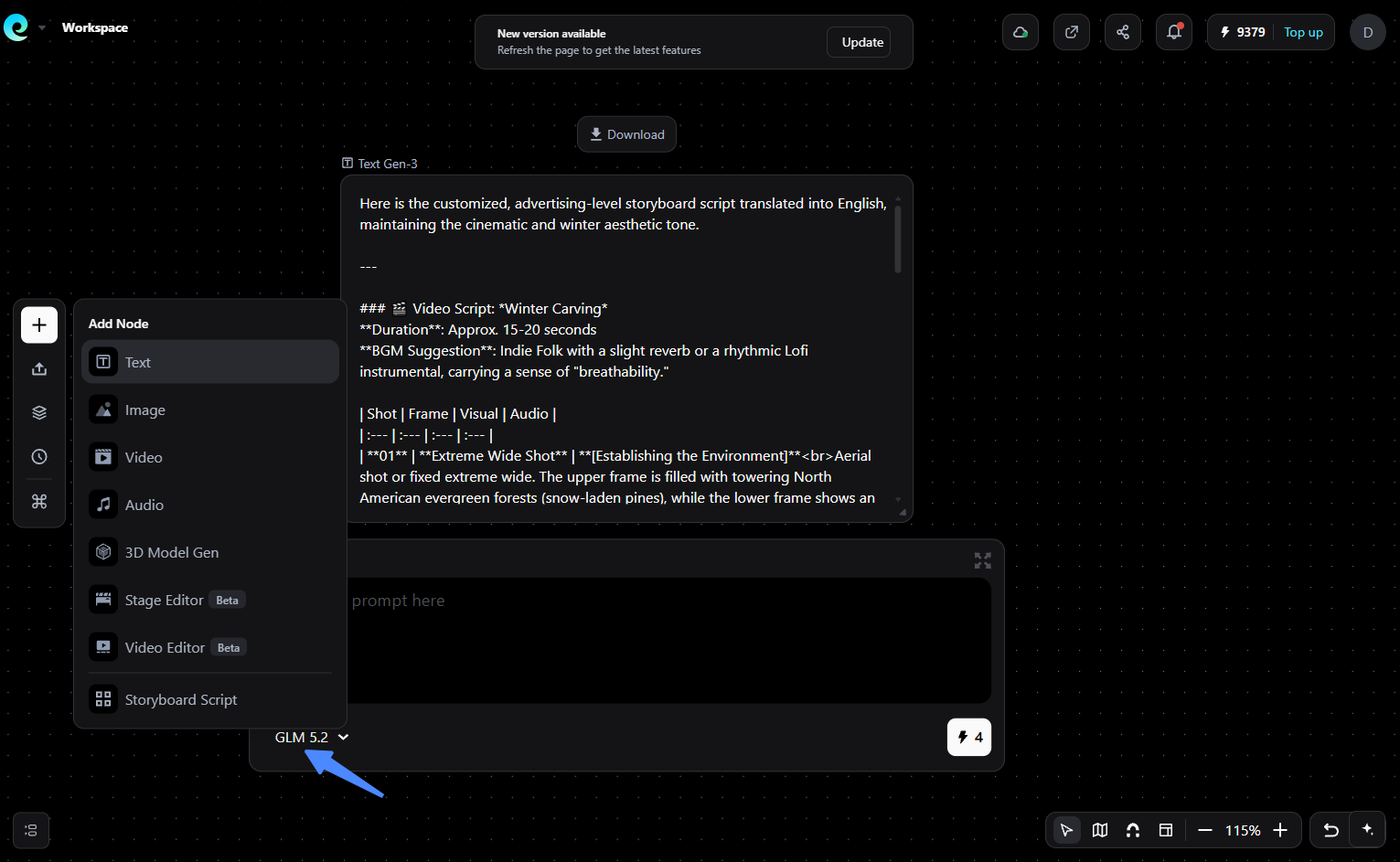 Pixmax workspace showing the Add Node menu and a GLM 5.2 Text Gen node
