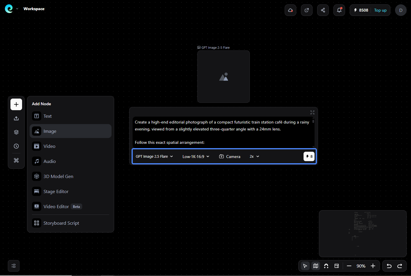 Pixmax Workspace showing a GPT Image 2.5 Flare node and a rainy train-station cafe prompt