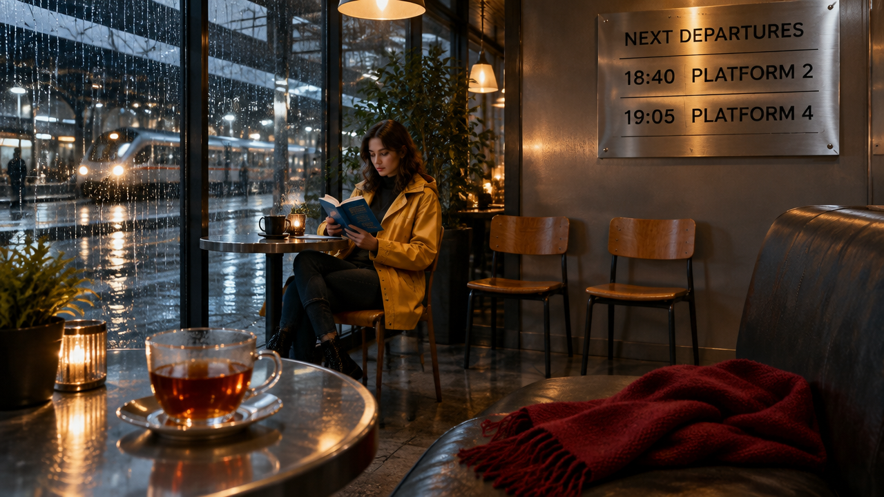 GPT Image 2.5 Sunburst output showing a rainy cafe, woman in a yellow raincoat, tea, red scarf, and timetable