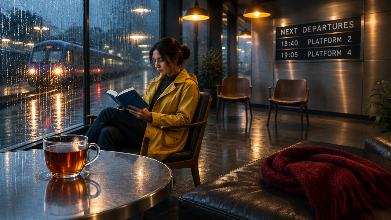 GPT Image 2.5 Flare train-station cafe scene with rainy train lights, tea, red scarf, and a seated woman