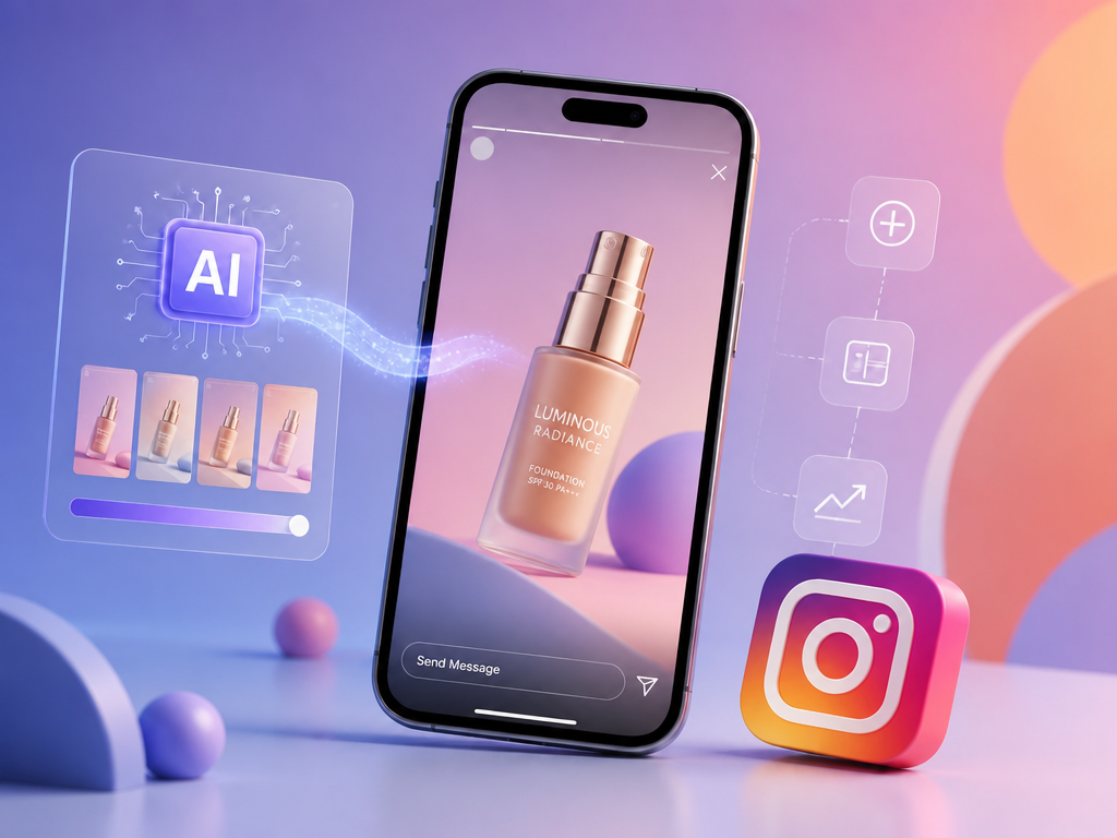 图片展示了一部手机,手机屏幕上显示着“LUMINOUS RADIANCE FOUNDATION”的化妆品广告,旁边有“Send Message”按钮。手机左侧有一个带有“AI”标识的透明方块,方块内有四个化妆品瓶的缩略图。手机右侧是Instagram的标志。背景为渐变色,有几何形状装饰。该图片与文档中介绍如何在2026年创建Instagram Stories广告的内容相关,可能意在展示广告制作或发布过程中的AI辅助功能。