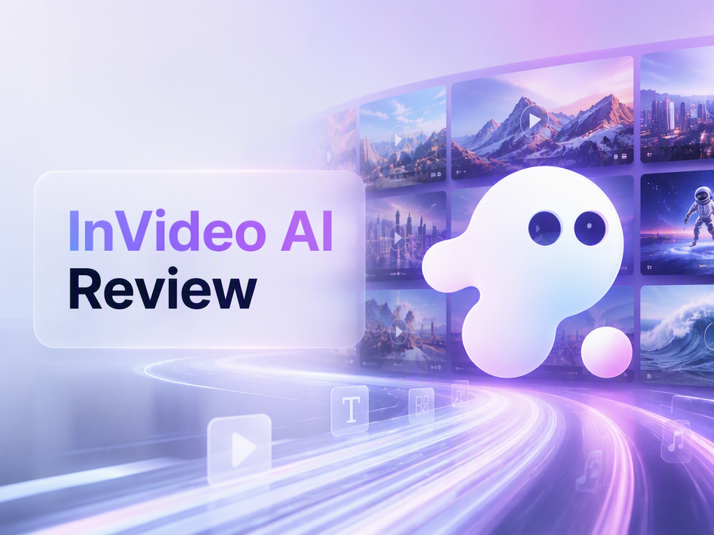 这张图片是“InVideo AI Review”相关的主题图,是该篇评测内容的封面图,整体采用淡紫色与白色的梦幻科技风格。画面左侧有标注着“InVideo AI Review”的浅紫色圆角矩形标识,右侧配有一个造型简洁的白色卡通形象。背景是弧形排列的多格影视素材缩略图,涵盖风景、城市、科幻人物、海浪等不同内容,底部还有代表视频编辑功能的播放按钮、文字标识、音乐符号等图标,以及流动的光效线条,呼应视频制作工具的核心定位,契合人工智能视频评测的主题氛围。