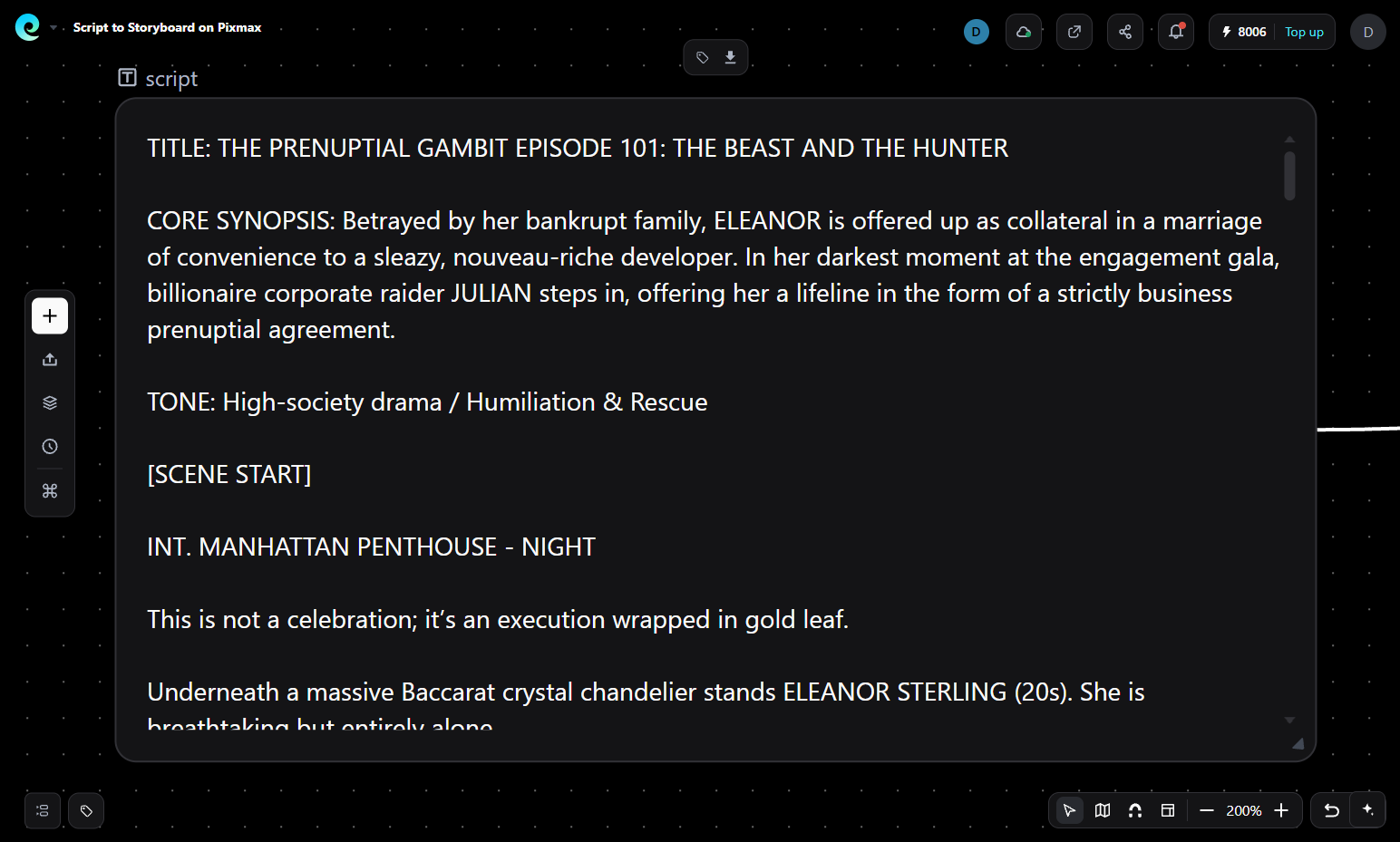 Pixmax Script to Storyboard workspace showing a screenplay for The Prenuptial Gambit
