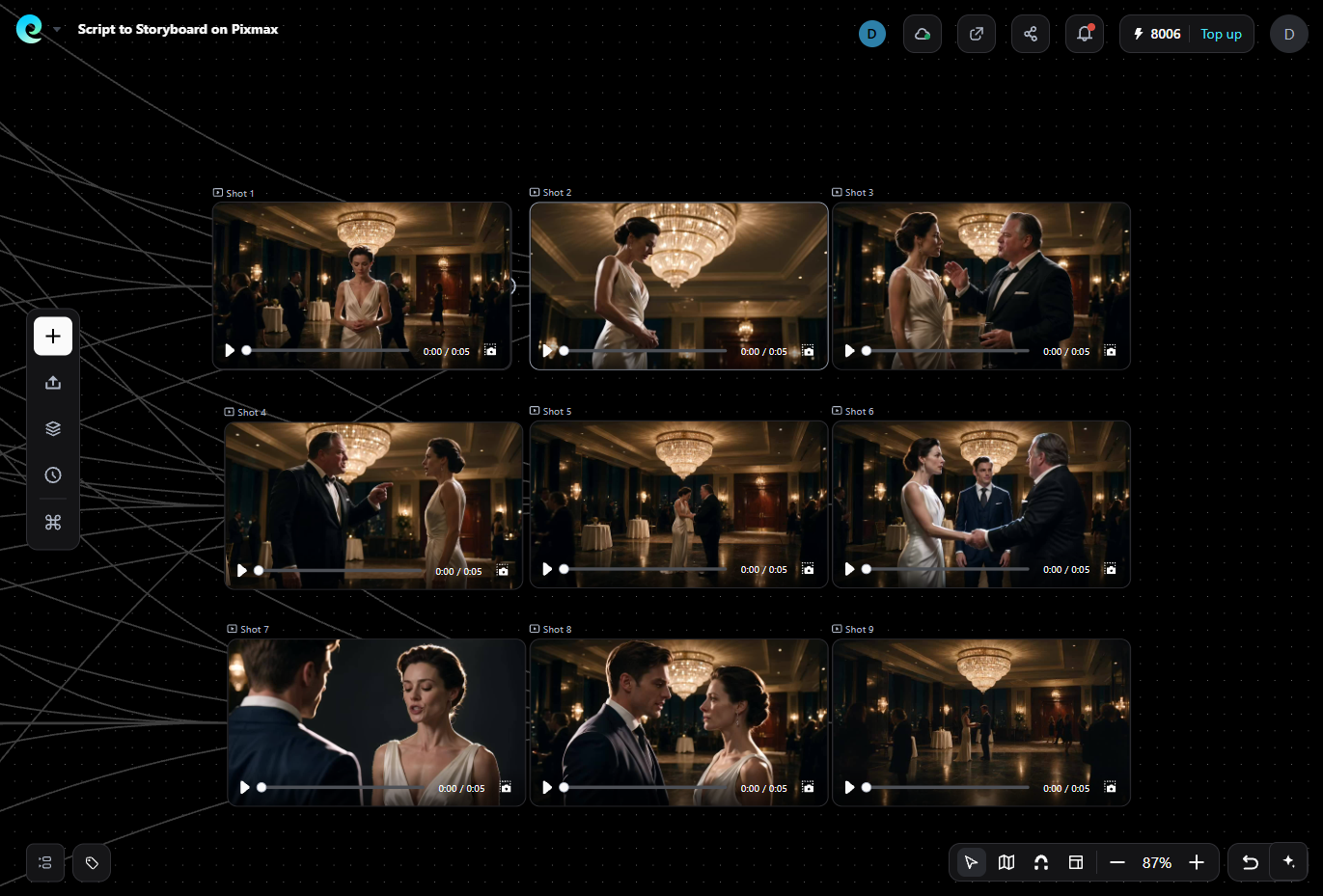 Pixmax storyboard workspace displaying nine AI movie shots from a ballroom scene