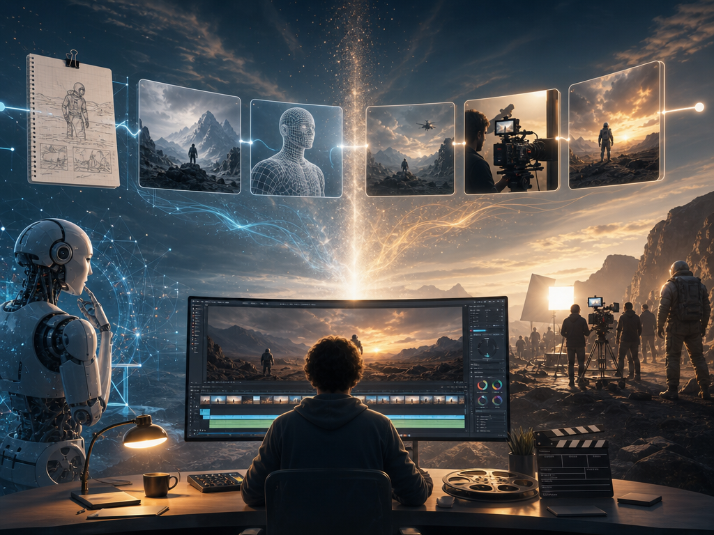 AI filmmaking workflow showing script, storyboards, generated scenes, camera production, and video editing