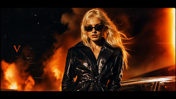 MiniMax H3 cinematic fashion portrait with dramatic fire lighting