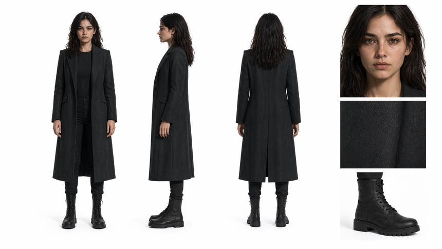 MiniMax H3 fashion lookbook reference sheet with outfit and material details