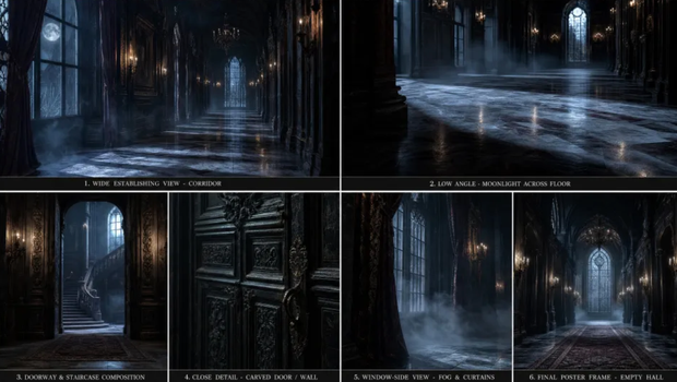 Gothic storyboard contact sheet showing six camera compositions
