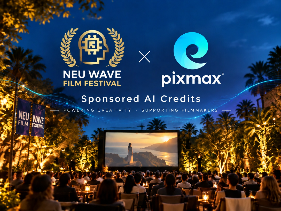 Neu Wave AI Film Festival and Pixmax sponsorship graphic with sponsored AI credits over an outdoor screening.