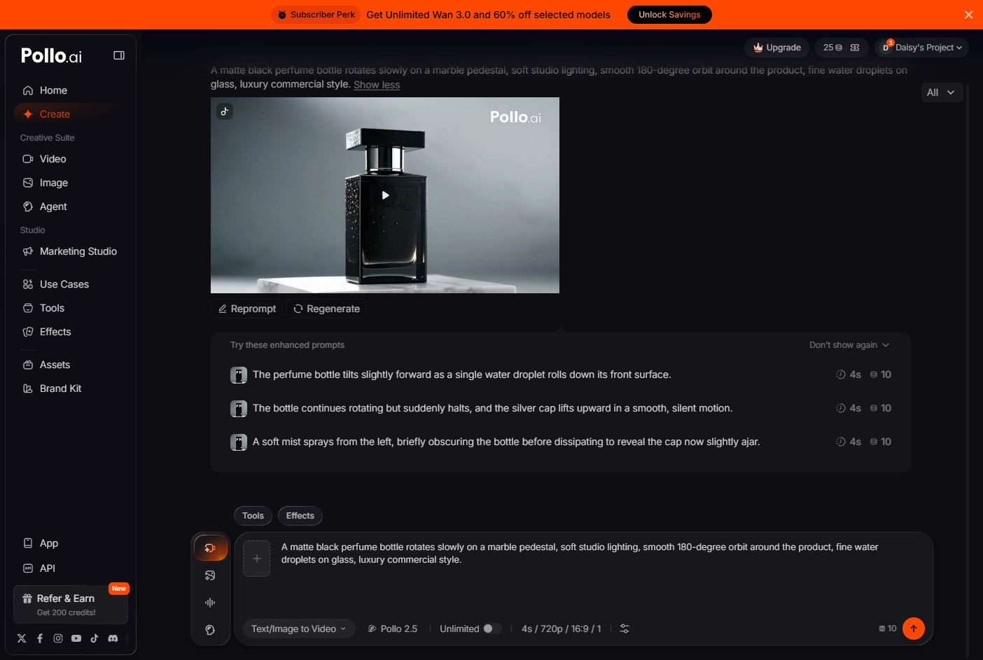 Pollo AI generated perfume product ad preview with reprompt and regenerate controls