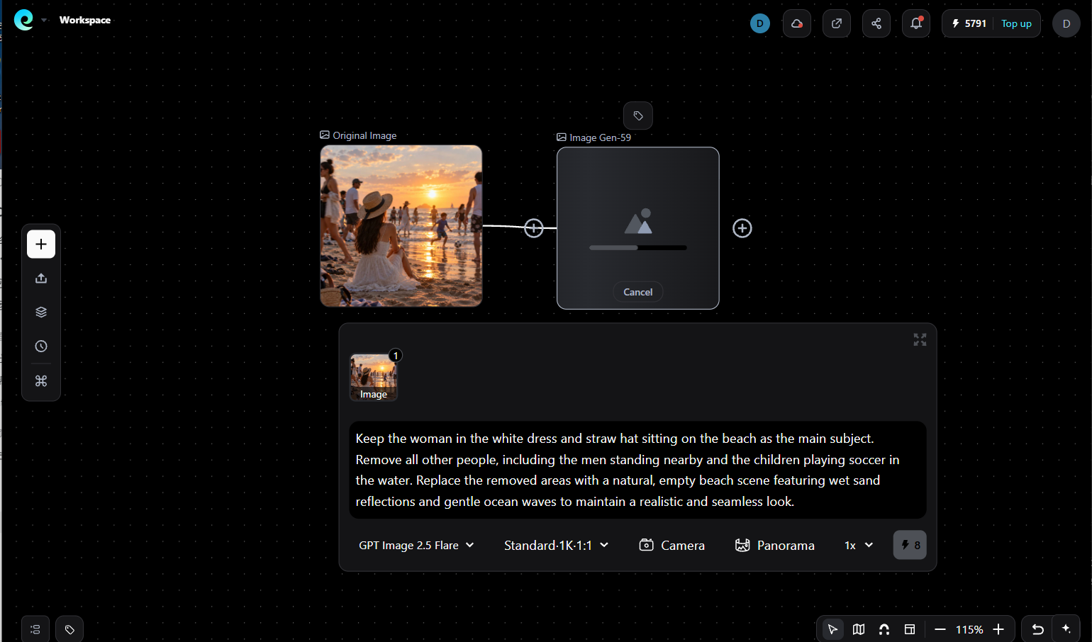 Pixmax image editing canvas with a person removal prompt