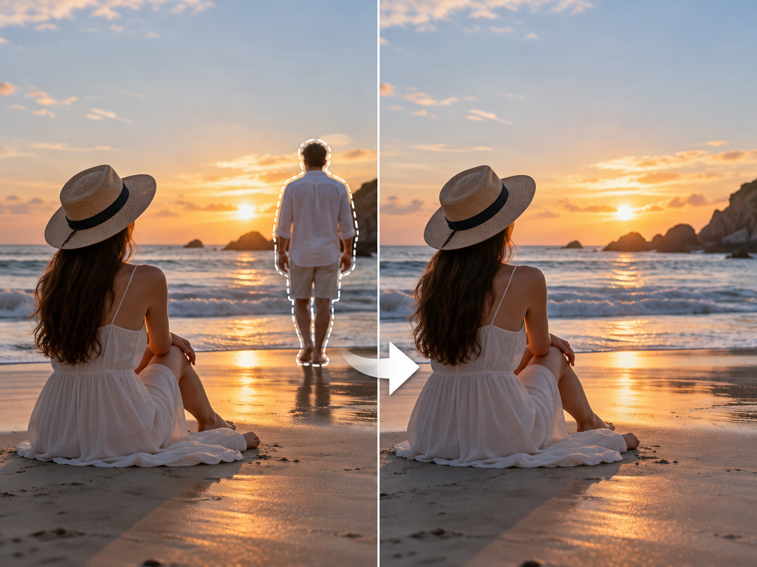 Before-and-after beach photo showing a person removed from the scene