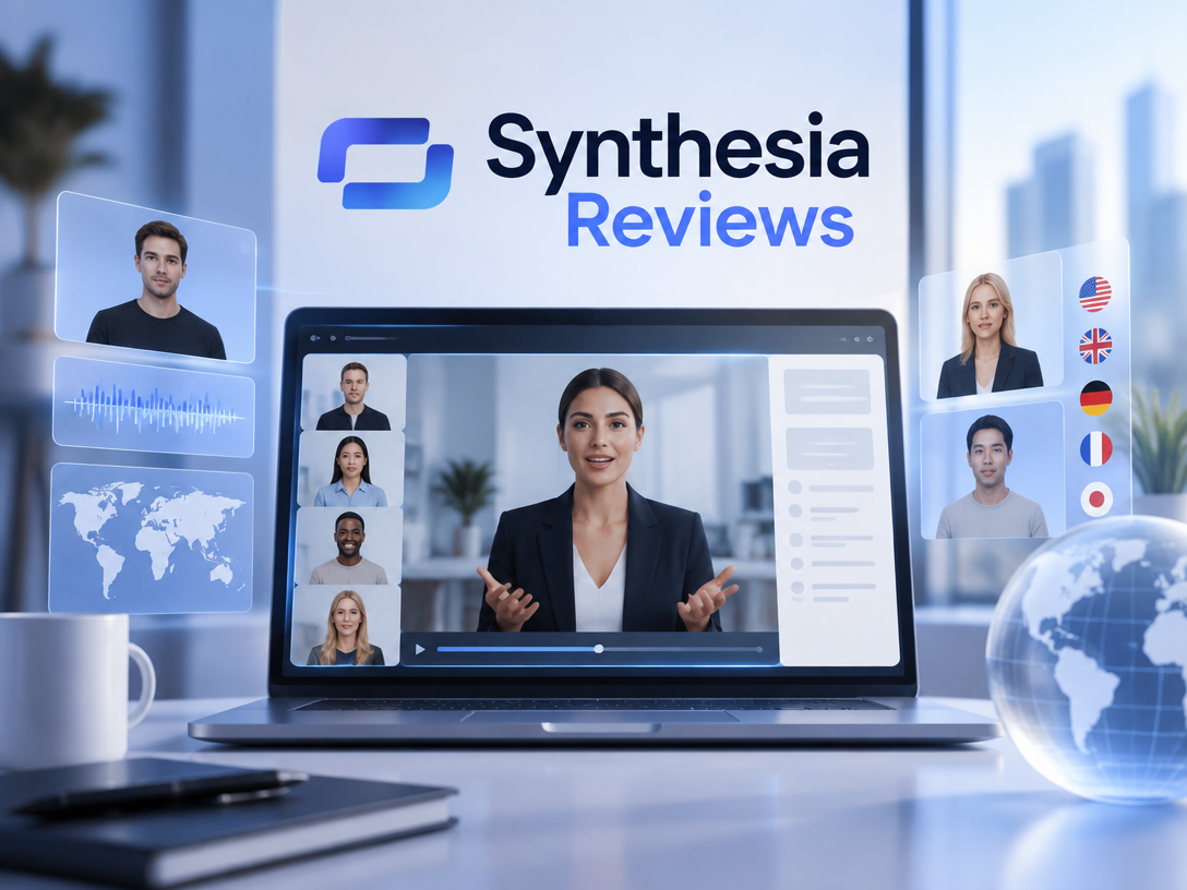 这张图片是围绕Synthesia Reviews制作的视觉素材,画面主体为一台打开的笔记本电脑,屏幕中显示着一位正在发言的职业女性,电脑界面四周悬浮着多个小窗口,呈现不同的人物形象、声波波形、世界地图图案,还配有美国、德国、法国、日本等国家的国旗标识,整体传递出跨地域会议、AI视频评审的氛围,契合文档介绍Synthesia AI相关评测、工具特性的主题,呼应了内容里提及的该工具可支持跨国协作、视频评审的相关场景。