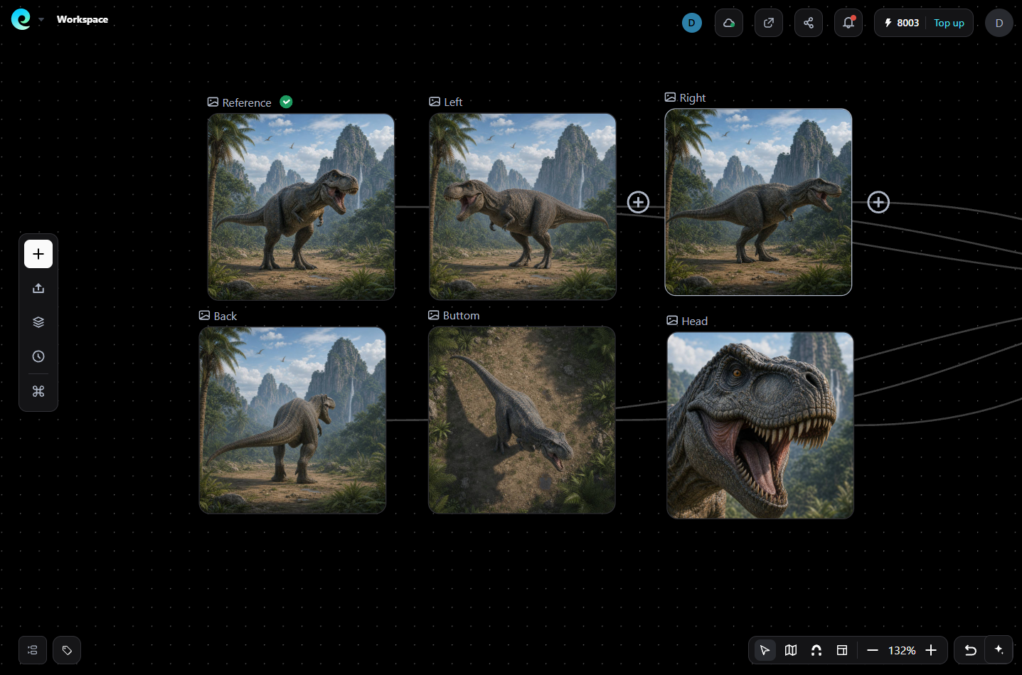 这张图片展示的是Pixmax平台操作界面里的“Add Node”(添加节点)弹窗内容,弹窗内的“3D Model Gen”选项被蓝色边框高亮选中。界面左侧还有带“+”标识的按钮,以及其他功能图标。该界面对应文档中Pixmax平台的3D模型生成操作步骤,是完成2D图片转3D模型流程里,选择对应3D生成功能的关键操作界面。