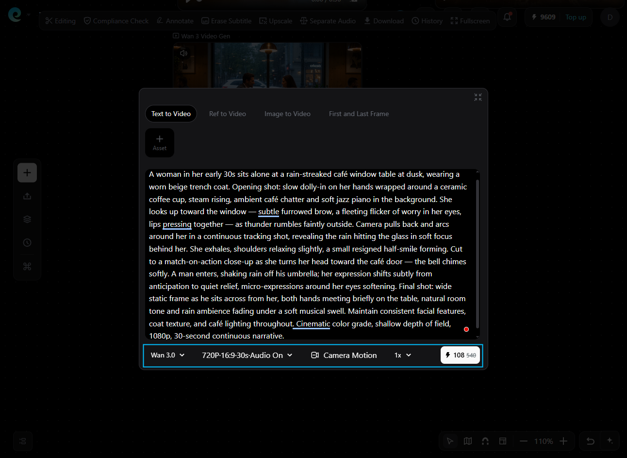 Wan 3.0 prompt and 720p 30-second video settings in Pixmax
