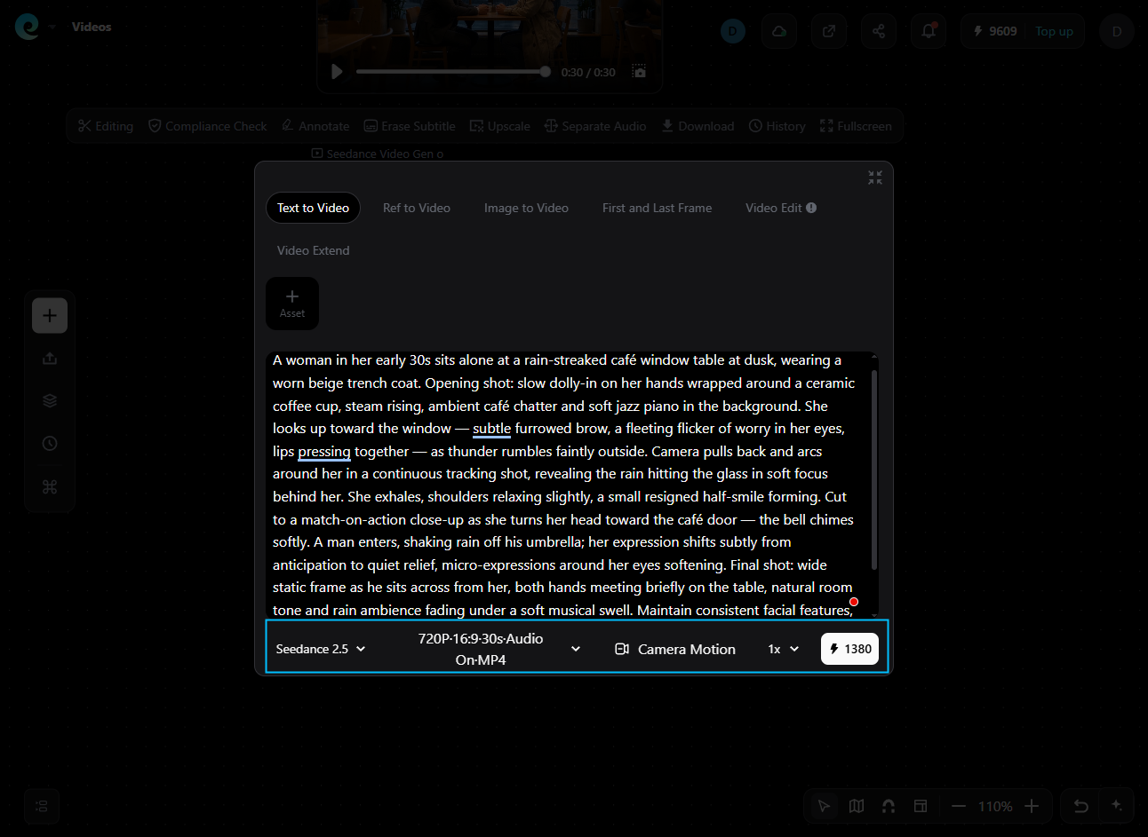 Seedance 2.5 prompt and 720p 30-second video settings in Pixmax