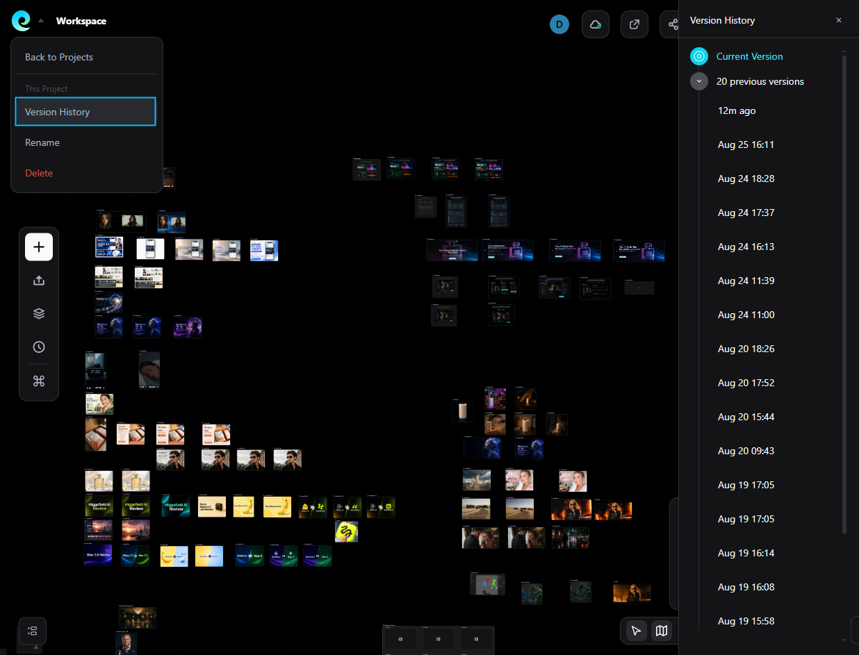 Pixmax canvas version history interface showing saved snapshots and earlier workspace states