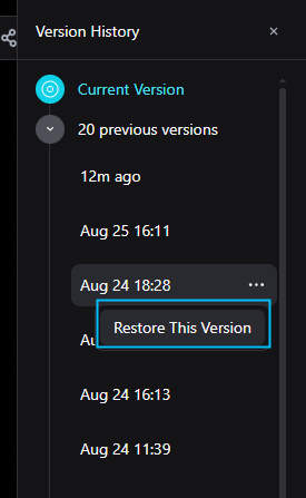 Pixmax version history panel with current version, previous versions, and restore controls