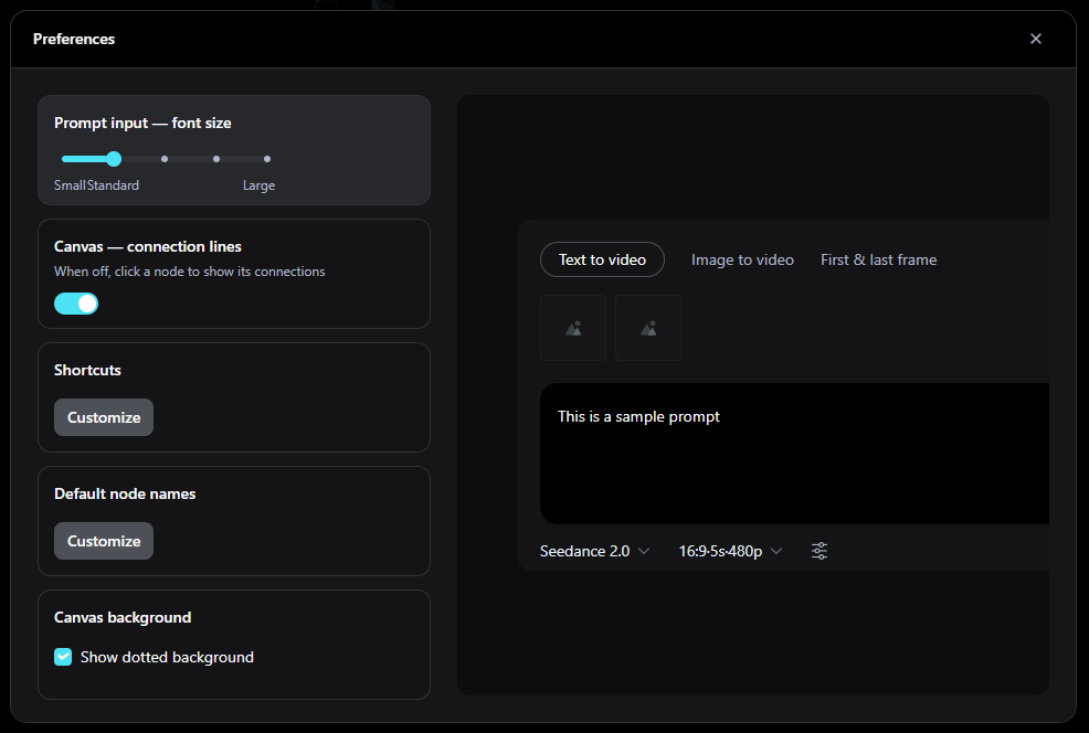 Pixmax Preferences panel with controls for prompt font size, connection lines, shortcuts, and default node names