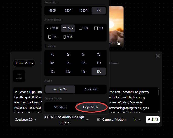 Pixmax video generation settings with the High Bitrate option highlighted alongside resolution, aspect ratio, duration, audio, and Seedance 2 controls