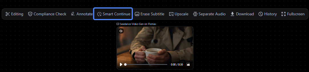 Pixmax Canvas video node with the Smart Continue action highlighted